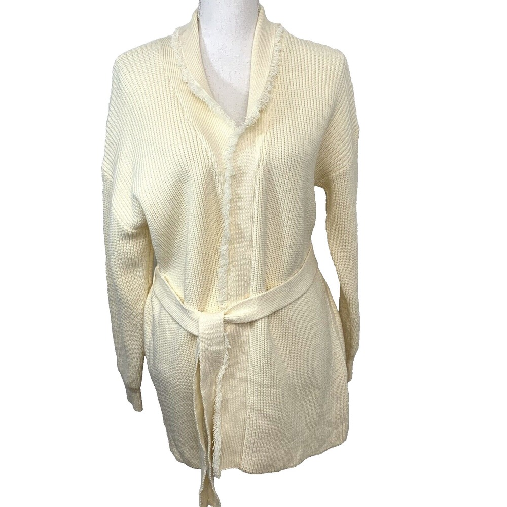 &Merci Waffle Knit Open Cardigan Cream Fringe Collar Belted Neutral SZ Small